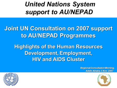 United Nations System support to AU/NEPAD Joint UN Consultation on 2007 support to AU/NEPAD Programmes Highlights of the Human Resources Development, Employment,