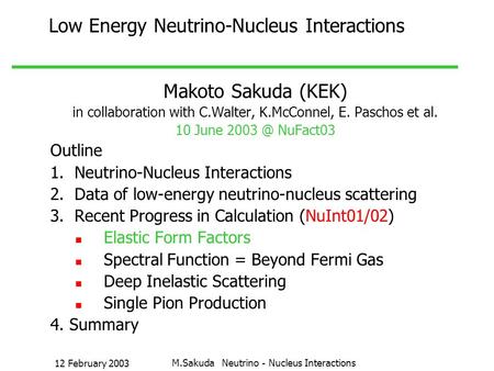 12 February 2003 M.Sakuda Neutrino － Nucleus Interactions Low Energy Neutrino-Nucleus Interactions Makoto Sakuda (KEK) in collaboration with C.Walter,