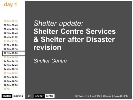 Day 1 agenda 31 st May – 1st June 2007 | Geneva | hosted by IOM by 09:00 – 09:30 09:30 – 09:45 09:45 – 10:15 10:15 – 10:45 10:45 – 11:15 11:15 – 11:30.