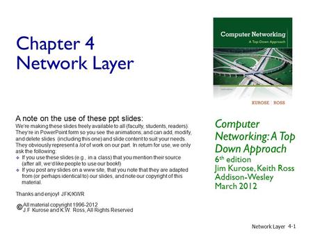 Chapter 4 Network Layer Computer Networking: A Top Down Approach 6 th edition Jim Kurose, Keith Ross Addison-Wesley March 2012 A note on the use of these.