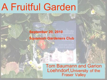 A Fruitful Garden Tom Baumann and Garion Loehndorf,U niversity of the Fraser Valley September 20, 2010 Squamish Gardeners Club.