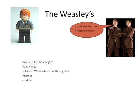 The Weasley’s um why do you have no opposable thumbs? Who are the Weasley's? Family tree Jobs and What school did they go to? Pictures credits.