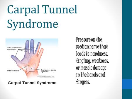 Carpal Tunnel Syndrome Pressure on the median nerve that leads to numbness, tingling, weakness, or muscle damage in the hands and fingers.