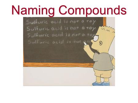 Naming Compounds. All acids start with H (e.g. HCl, H 2 SO 4 ) 2 acids types exist: binary acids and oxyacids Binary: H + non-metal. E.g. HCl Oxy: H +