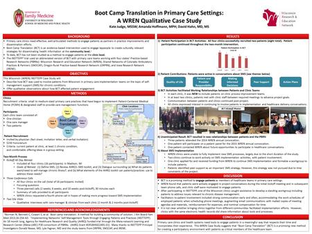 Boot Camp Translation in Primary Care Settings: A WREN Qualitative Case Study Kate Judge, MSSW; Amanda Hoffmann, MPH; David Hahn, MD, MS  Primary care.