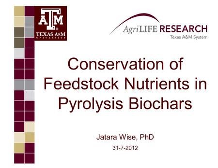 Conservation of Feedstock Nutrients in Pyrolysis Biochars Jatara Wise, PhD 31-7-2012.