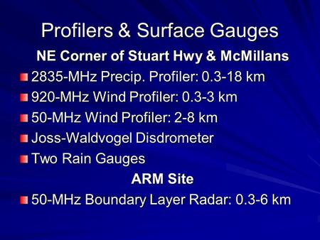 Profilers & Surface Gauges NE Corner of Stuart Hwy & McMillans 2835-MHz Precip. Profiler: 0.3-18 km 920-MHz Wind Profiler: 0.3-3 km 50-MHz Wind Profiler: