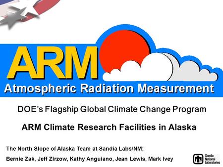 DOE’s Flagship Global Climate Change Program ARM Climate Research Facilities in Alaska The North Slope of Alaska Team at Sandia Labs/NM: Bernie Zak, Jeff.