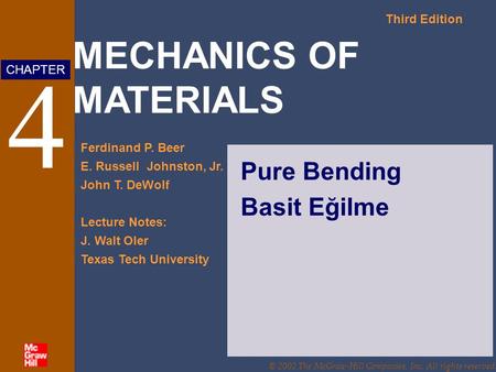 MECHANICS OF MATERIALS Third Edition Ferdinand P. Beer E. Russell Johnston, Jr. John T. DeWolf Lecture Notes: J. Walt Oler Texas Tech University CHAPTER.