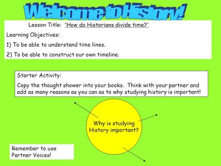 Lesson Title: “How do Historians divide time?” Learning Objectives: 1) To be able to understand time lines. 2) To be able to construct our own timeline.