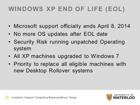 WINDOWS XP END OF LIFE (EOL) Microsoft support officially ends April 8, 2014 No more OS updates after EOL date Security Risk running unpatched Operating.