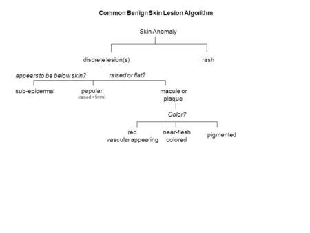 Discrete lesion(s)rash papular (raised >5mm) macule or plaque pigmented near-flesh colored red vascular appearing Common Benign Skin Lesion Algorithm Skin.