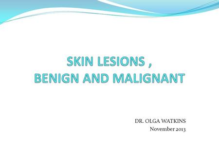 DR. OLGA WATKINS November 2013. Outline Of Presentation Common Skin Lesions, Benign And Malignant Assessment Of Pigmented Lesion Points to take home.