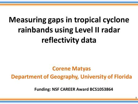 Measuring gaps in tropical cyclone rainbands using Level II radar reflectivity data Corene Matyas Department of Geography, University of Florida Funding: