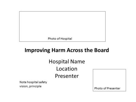 Improving Harm Across the Board Hospital Name Location Presenter Photo of Hospital Photo of Presenter Note hospital safety vision, principle.