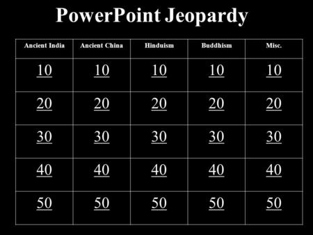 PowerPoint Jeopardy Ancient IndiaAncient ChinaHinduismBuddhismMisc. 10 20 30 40 50.