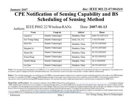 Doc: IEEE 802.22-07/0043r0 Submission January 2007 Slide 1 Soo-Young Chang, Huawei Technologies CPE Notification of Sensing Capability and BS Scheduling.