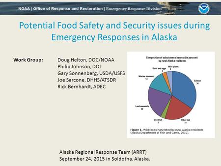 Potential Food Safety and Security issues during Emergency Responses in Alaska Work Group: Doug Helton, DOC/NOAA Philip Johnson, DOI Gary Sonnenberg, USDA/USFS.