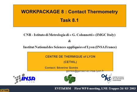 CENTRE DE THERMIQUE of LYON (CETHIL) Contact: Séverine Gomès WORKPACKAGE 8 : Contact Thermometry Task 8.1 CNR - Istituto di.