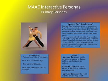 MAAC Interactive Personas Primary Personas “We Just Can’t Stop Dancing” John and Dora have been married for sixteen years. They both have participated.