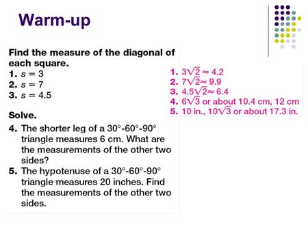 Warm-up. Agenda Homework Review Section 8-3 Trigonometry Homework 8-3 Study Guide Lesson 8-3, Page 778 Hand in Radical Extra Credit worksheet.