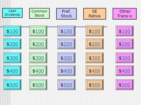 Cash Dividends SE Ratios Other Trans-x $100100$100100$100100 $200200$200200$200200 $300300$300300$300300 $400400$400400$400400 $500500 Pref. Stock $400400.