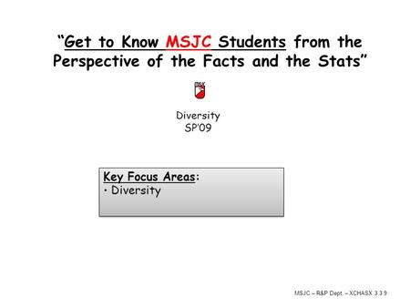 Diversity SP’09 “Get to Know MSJC Students from the Perspective of the Facts and the Stats” Key Focus Areas: Diversity Key Focus Areas: Diversity MSJC.