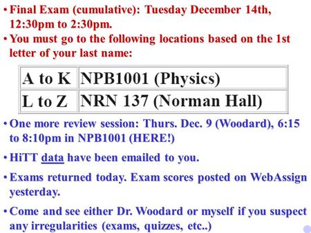 Final Exam (cumulative): Tuesday December 14th, 12:30pm to 2:30pm.Final Exam (cumulative): Tuesday December 14th, 12:30pm to 2:30pm. You must go to the.