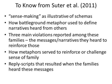 To Know from Suter et al. (2011) “sense-making” as illustrative of schemas How battleground metaphor used to define narratives heard from others Three.