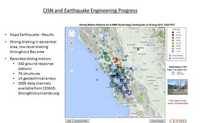 Napa Earthquake - Results Strong shaking in epicentral area, low-level shaking throughout Bay area Recorded strong motion: 340 ground response stations.