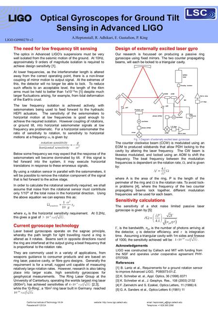 Optical Gyroscopes for Ground Tilt Sensing in Advanced LIGO The need for low frequency tilt sensing The optics in Advanced LIGO’s suspensions must be very.