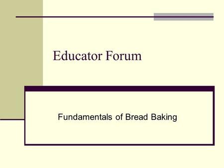 Educator Forum Fundamentals of Bread Baking. 4 Basic Bread Dough Ingredients WHEAT FLOUR Backbone & Structure Absorbing agent SALT Regulates fermentation.