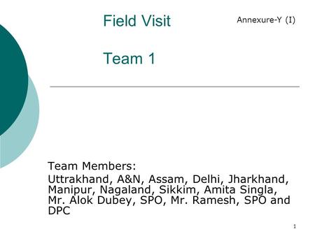 1 Field Visit Team 1 Team Members: Uttrakhand, A&N, Assam, Delhi, Jharkhand, Manipur, Nagaland, Sikkim, Amita Singla, Mr. Alok Dubey, SPO, Mr. Ramesh,