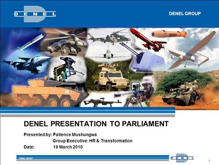 DENEL GROUP 1 Presented by: Patience Mushungwa Group Executive: HR & Transformation Date: 19 March 2010 DENEL PRESENTATION TO PARLIAMENT DENEL GROUP.