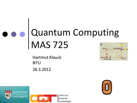 Quantum Computing MAS 725 Hartmut Klauck NTU 26.3.2012.