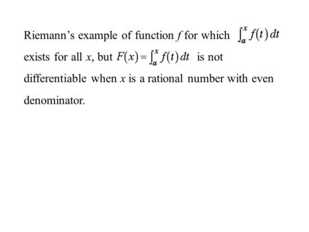 Riemann’s example of function f for which exists for all x, but is not differentiable when x is a rational number with even denominator.