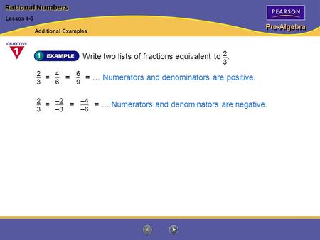 Pre-Algebra Rational Numbers Lesson 4-6 Write two lists of fractions equivalent to. 2323 2323 4646 6969 = = = … Numerators and denominators are positive.=