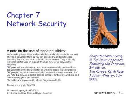 Network Security7-1 Chapter 7 Network Security Computer Networking: A Top Down Approach Featuring the Internet, 2 nd edition. Jim Kurose, Keith Ross Addison-Wesley,