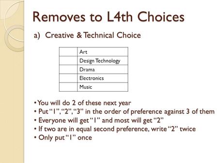 Removes to L4th Choices a) Creative & Technical Choice Art Design Technology Drama Electronics Music You will do 2 of these next year You will do 2 of.