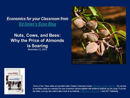 Economics for your Classroom from Ed Dolan’s Econ Blog Nuts, Cows, and Bees: Why the Price of Almonds is Soaring November 12, 2013 Ed Dolan’s Econ Blog.