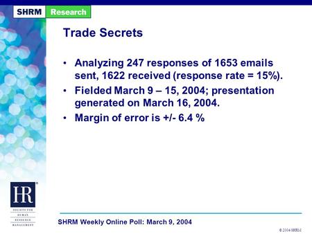 © 2004 SHRM SHRM Weekly Online Poll: March 9, 2004 Trade Secrets Analyzing 247 responses of 1653 emails sent, 1622 received (response rate = 15%). Fielded.