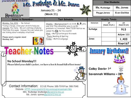 Dates to Remember:Test Schedule: Monday, Jan. 20th - No School *Using a recipe, allow your child to help you measure the items. We will continue studying.