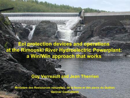 Eel protection devices and operations at the Rimouski River Hydroelectric Powerplant: a Win/Win approach that works Guy Verreault and Jean Therrien Ministère.