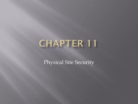 Physical Site Security.  Personnel  Hardware  Programs  Networks  Data  Protection from:  Fire  Natural disasters  Burglary / Theft  Vandalism.