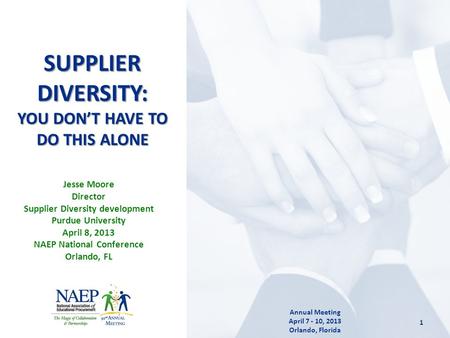 Jesse Moore Director Supplier Diversity development Purdue University April 8, 2013 NAEP National Conference Orlando, FL SUPPLIER DIVERSITY: YOU DON’T.