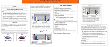 Learning from Pharmacy Distance Learners by By Rae Jesano, MSLS, AHIP, Linda Butson, MLn, MPH, AHIP, Mary Edwards, MSLIS, Health Science Center Libraries,