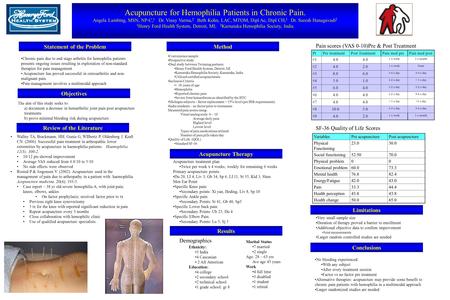 Acupuncture for Hemophilia Patients in Chronic Pain. Angela Lambing, MSN, NP-C, 1 Dr. Vinay Varma, 2 Beth Kohn, LAC, MTOM, Dipl Ac, Dipl CH, 1 Dr. Suresh.