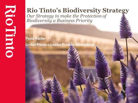 Rio Tinto’s Biodiversity Strategy Our Strategy to make the Protection of Biodiversity a Business Priority Paola Kistler Global Practice Leader Product.