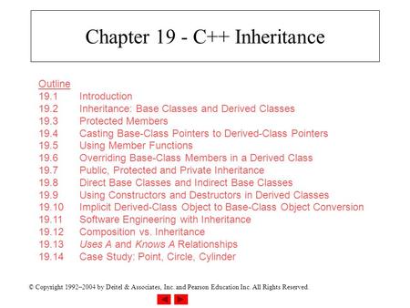 © Copyright 1992–2004 by Deitel & Associates, Inc. and Pearson Education Inc. All Rights Reserved. Chapter 19 - C++ Inheritance Outline 19.1Introduction.