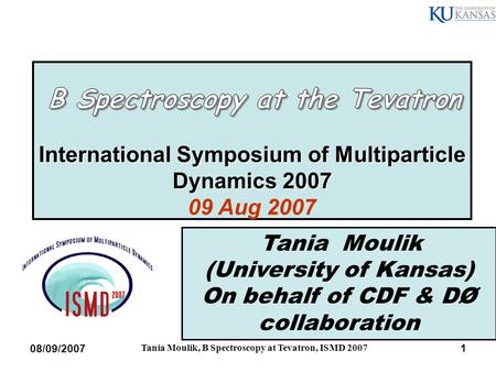 08/09/2007 Tania Moulik, B Spectroscopy at Tevatron, ISMD 2007 1 International Symposium of Multiparticle Dynamics 2007 International Symposium of Multiparticle.